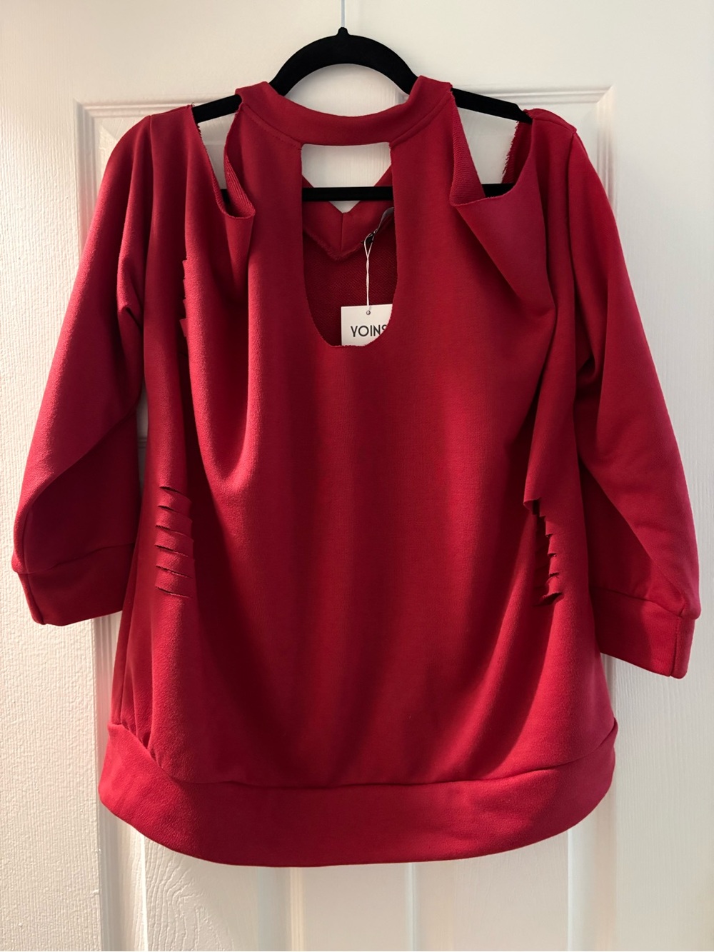 Red Distressed Cold Shoulder Top